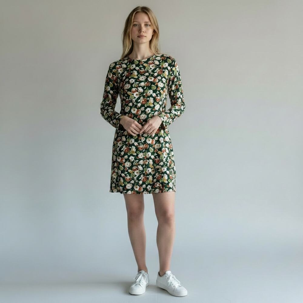 12 STOREEZ Green Silky Floral Shift Mini Dress S Long Sleeve Botanical Print